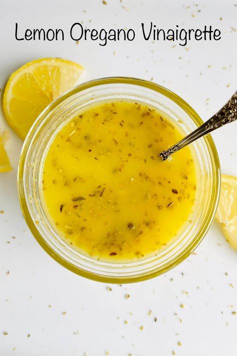 This lemon oregano vinaigrette is bursting with flavor. It's easy to make and delicious. Greek Lemon Vinaigrette Dressing, Greek Lemon Vinaigrette, Oregano Dressing Recipe, Lemon Oregano Vinaigrette, Oregano Recipes Fresh, Lemon Herb Vinaigrette, Fresh Oregano Recipes, Lemon Vinegarette Dressing, Oregano Vinaigrette Recipe