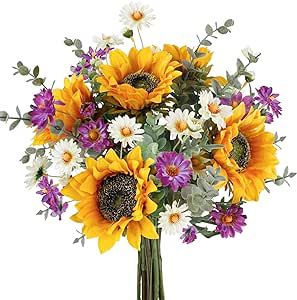 Sunflowers Bouquet, Table Floral Arrangements, Artificial Eucalyptus Garland, Eucalyptus Stems, Wedding Party Table Decorations, Fake Flower Bouquet, Sunflowers And Daisies, Sunflower Bouquet, Fall Floral Arrangements