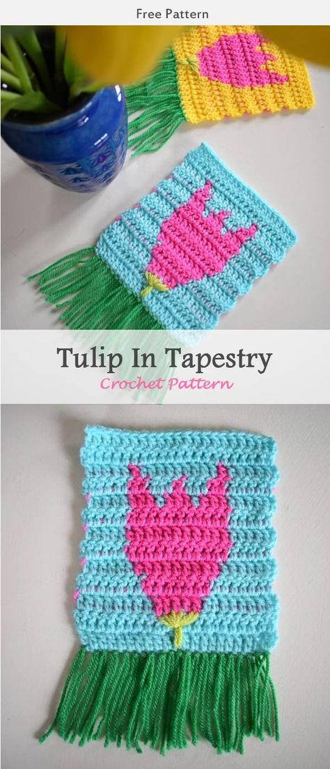 Tulip Flower In Tapestry Free Crochet Pattern #freecrochetpatterns #easter #tapestry Tulip Coaster, Diy Crochet Wall Hanging, Vintage Crochet Dresses, Easter Crochet Patterns, Crochet Wall Hangings, Tapestry Crochet Patterns, Tulip Flower, Crochet Tapestry, Easter Crochet