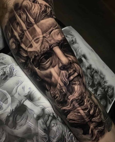 Poseidon Tattoo Leg, Poseidon Statue Tattoo, Neptune Tattoo Poseidon, Acropolis Tattoo, Poseidon Trident Tattoo, Trident Tattoos, Neptune Tattoo, Hercules Tattoo, Big Tattoos