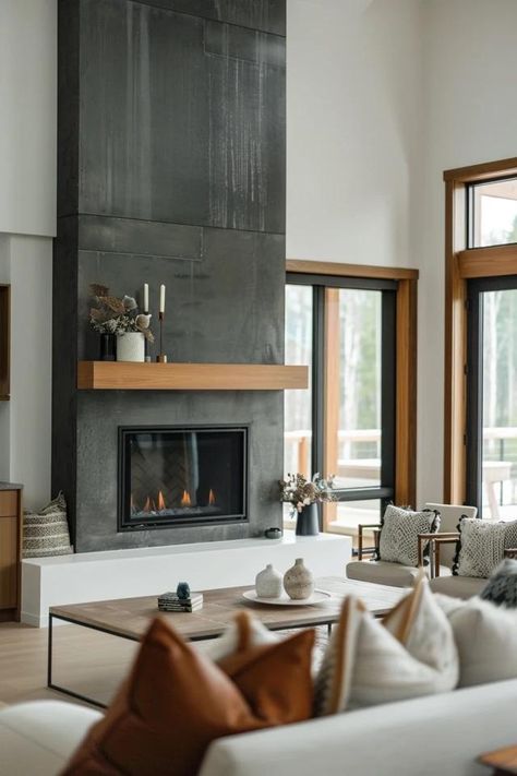 Elevate Your Space with Two Story Fireplace Ideas Two Story Double Sided Fireplace, Modern Tall Fireplace, Fireplace Between Two Doors, 2 Story Great Room Ideas, Tall Fireplace Ideas, Two Story Fireplace Ideas, 2 Story Fireplace Ideas, Fireplace With Windows On Each Side, 2 Story Fireplace