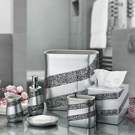 Dwellza Silver Mosaic Bathroom Trash Can (11" x 5.5" x 11") Decorative Wastebasket- Resin Waste Paper Baskets- Cool Fashion Design- Space Friendly Bath Rubbish Trash Can (silver Gray): Home Decor Silver Bathroom Accessories, Glass Bathroom Accessories, Gray Bathroom Accessories, Silver Bathroom, Toothbrush And Toothpaste Holder, Toilet Brushes And Holders, Bathroom Accessories Set, Mosaic Bathroom, Bathroom Trash Can