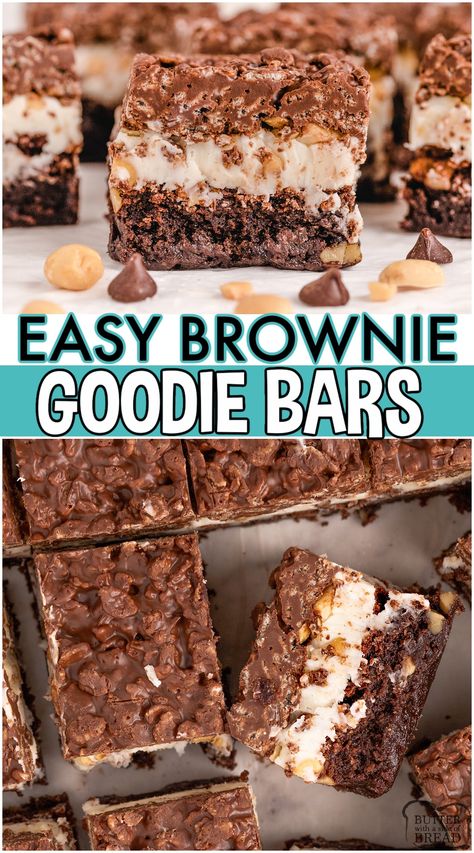 brownies, peanut butter, rice krispies Brownies With Rice Krispies, Brownie Rice Krispie Bars, Brownies With Rice Krispie Topping, Brownie Goody Bars, Layered Dessert Bars, Rice Crispy Brownies, Easy Bars Recipes For A Crowd, Rice Krispie Brownies, Rice Krispies Peanut Butter