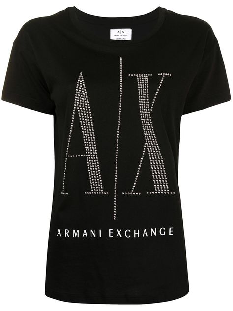 Black/white cotton logo-studded cotton T-shirt from ARMANI EXCHANGE featuring studded logo detail, round neck, short sleeves and straight hem. Armani Exchange Women Outfits, Armani Exchange Women, Exchange Logo, Armani Shirts, Blouse Pants, Belted Jacket, Balenciaga Triple S, Round Neck Tops, Cotton Logo