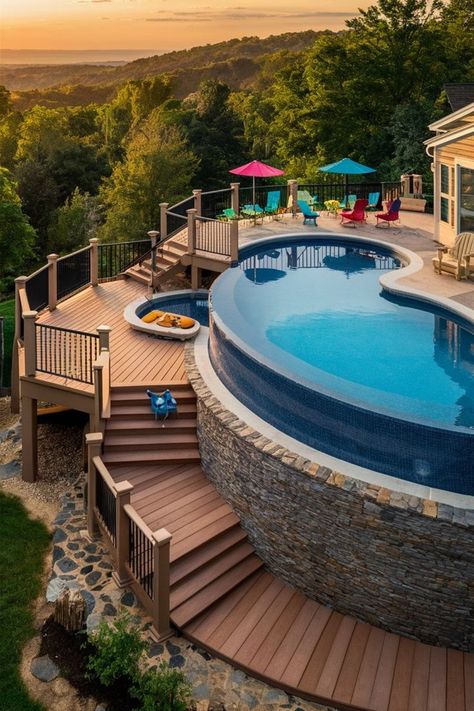 Create a modern and airy feel with floating deck designs that visually enhance your above-ground pool. #FloatingDeck #ModernDesign #PoolStyle Deck Ideas On A Budget, Above Ground Pool Deck Ideas, Pool Deck Decorations, Pool Cover Roller, Above Ground Pool Deck, Backyard Upgrades, Pool Deck Ideas, Best Above Ground Pool, Outdoor Pool Area