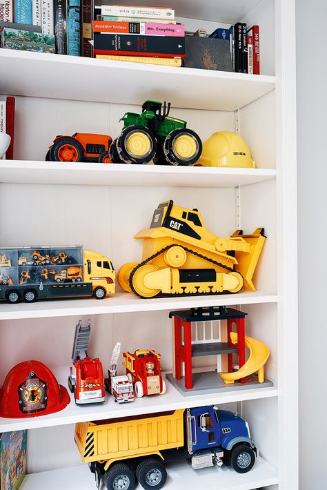 Toy Truck Storage Ideas, Large Toy Truck Storage Ideas, Organization Playroom, Tiny Nursery, Toddler Bedroom, Boy’s Room, Furniture Pads, Boy Toddler, Playroom Organization