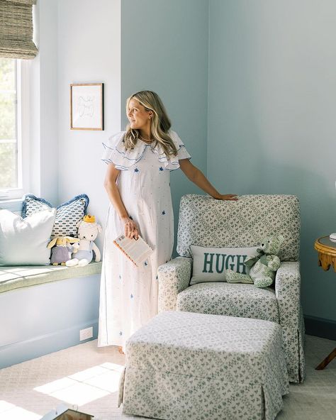 Elevated and timeless, the Sarah Flint Crawford Glider in Green Lattice is a stunning focal point in @mollyboyd’s nursery space. 💚 Nursery Seating, Nursery Space, Sarah Flint, Nursery Inspo, Lattice, Focal Point, Ottoman, Kids Room, New Homes