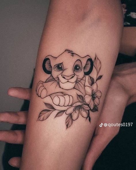 Disney Tattoo Sleeve Ideas, Disney Tattoos Characters, Girly Disney Tattoos, Hand Tattoos For Women Disney, Lion King Tattoos For Women, Small Lion King Tattoo For Women, Disney Animal Tattoo Ideas, Cute Cartoon Tattoos For Women, Disney Sleeve Tattoos For Women