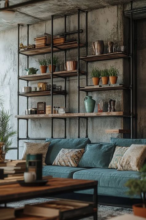 36 Industrial Living Room Design Ideas for Modern Home Decor | VIVA Industrial Vibe Interior Design, Cottage Core Industrial, Rustic Industrial Farmhouse Living Room, Retro Industrial Design, Colorful Industrial Interior, Blue Industrial Living Room, Industrial Room Decor, Vintage Studio Apartment Ideas, Loft Bookshelves