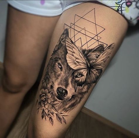 Wolf And Butterfly Tattoo, Tattoo Pierna Mujer, Wolf Girl Tattoos, Starfish Tattoo, Small Chest Tattoos, Ink Therapy, Norse Tattoo, Tasteful Tattoos, Wolf Tattoo Design