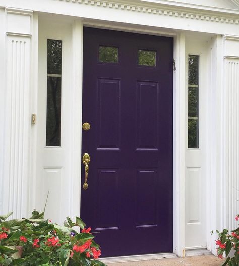 Purple Doors Front House, Gray House White Trim, Grey House White Trim, Purple Front Doors, Gray House, Purple Door, Living Interior, House White, Grey Houses