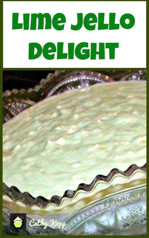 Go Retro with this Lime Jello Delight. It's a wonderful easy chilled dessert, filled with pineapples and other goodies! Lime Jello Recipes, Lime Jello Salads, Recipes With Cool Whip, Jello Dessert Recipes, Low Carb Cheesecake Recipe, Chilled Desserts, Jello Desserts, Lime Recipes, Jello Salad