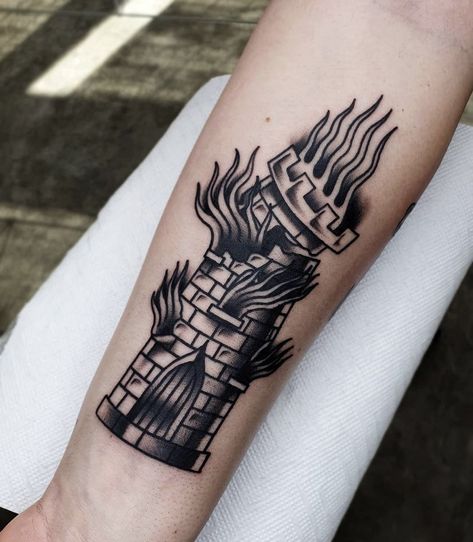 Simple Black Tattoos, Torres Tattoo, The Tower Tarot, Optical Illusion Tattoos, Illusion Tattoos, Traditional Tattoo Inspiration, Castle Tattoo, Wrist Tattoo Designs, Patriotic Tattoos