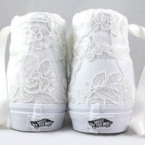 Ivory Lace Bridal Vans Sk8-hi Floral Lace lace Vans | Etsy Bridal Vans, Lace Vans, Wedding Tennis Shoes, Ribbon Shoe Laces, Wedding Vans, Bridal Converse, White High Top Converse, Ribbon Shoes, Wedding Converse