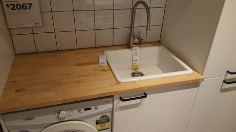 White Laundry With Timber Benchtop, Laundry Bathroom Combo, Laundry Reno, Timber Benchtop, Vintage Sink, White Laundry, Laundry Room Renovation, Laundry Bathroom, Laundry Tubs