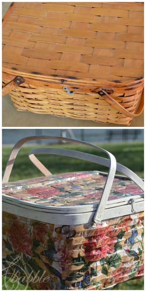 Picnic Basket Makeover - Use paper napkins and Mod Podge to decoupage an old picnic basket Picnic Basket Makeover Ideas, Paper Napkin Crafts, Repurposed Baskets, Picnic Basket Makeover, Picnic Basket Diy, Napkin Crafts, Longaberger Basket Ideas, Painting Baskets, Deco Podge