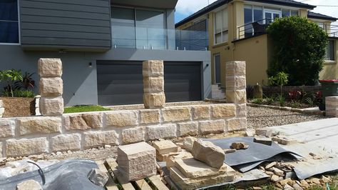 Sandstone front fence Sandstone Fence Front Yards, Sandstone Front Fence, Sandstone Fence, Sandstone Cladding, Lap Pools, Facade Ideas, Easy Fence, Country Fences, Sandstone Wall