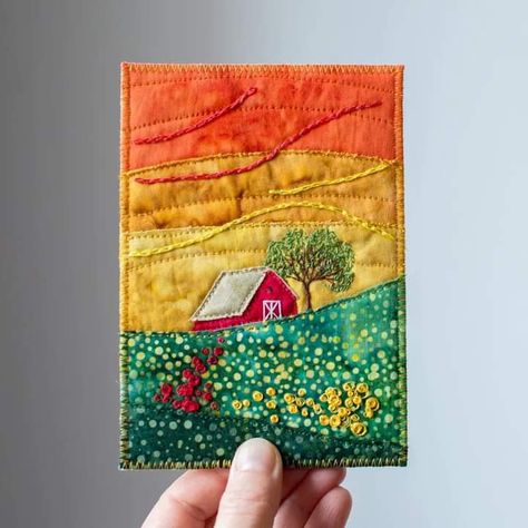 Roma Style, Patchwork Art, Landscape Art Quilts, Textile Art Embroidery, Stitching Cards, Fabric Postcards, Fabric Cards, Quilt Art, Landscape Quilts