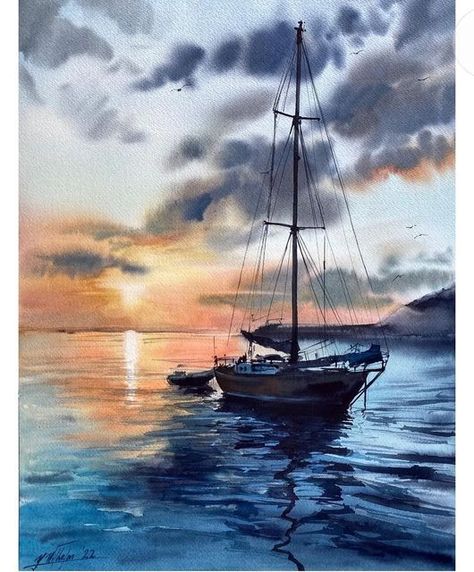 Watercolor Boat, Canvas Art Projects, Flow Painting, Dream Painting, Boat Art, Time Painting, Boat Painting, Textured Canvas Art, Watercolor Landscape Paintings