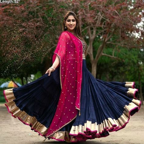 *Festive season special*  This dress is heavily curated with *golden kasab embroidery* and *handwork* with *360 degree morpankh* flare!… Rani Colour Lehnga, Blue Churidar, Latest Designer Lehenga, Lehenga Choli Designs, Choli Dress, Navratri Dress, Half Saree Lehenga, Lehnga Dress, Lehenga Blouse Designs