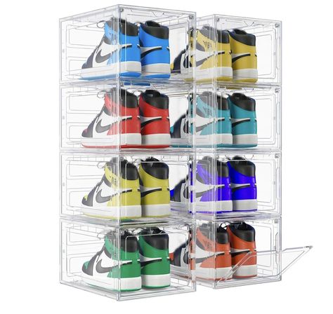 8 PACK - our set includes 8 PREMIUM QUALITY shoe storage boxes, unlike our competitors our shoe containers are STURDY and STRONG and do not deform and will last you a lifetime STYLISH CLEAR DESIGN - ideal if you want your storage space to be ORGANISED and ELEGANT VENTILAED - our product is ventilated to prevent the build up of shoe odours LARGE SIZE - fits upto UK 12.5 size men' shoes. Each box measures 34.5cm (L) x 27cm (W) x 19cm (H) STACKABLE - utilise the full capacity of your storage space, Shoe Storage Box, Shoe Containers, Shoe Display, Dressing Room Design, Contemporary Living Room, Minimalist Living Room, Room Organization, Shoe Storage, Storage Bins