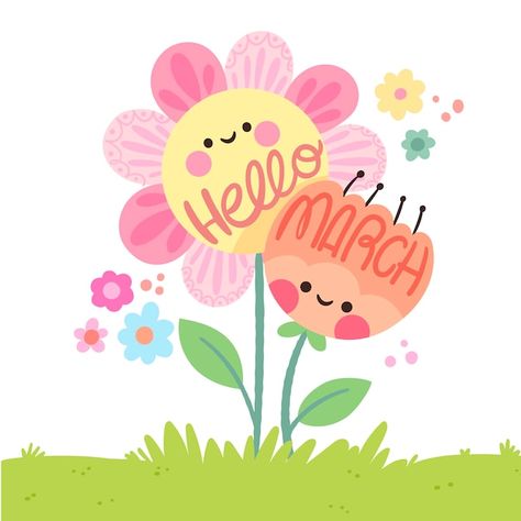 Spring Flower Illustration, Hello March Images, March Clipart, March Illustration, Month Illustration, Welcome March, Spring Clip Art, Spring Cartoon, Sunflower Accessories