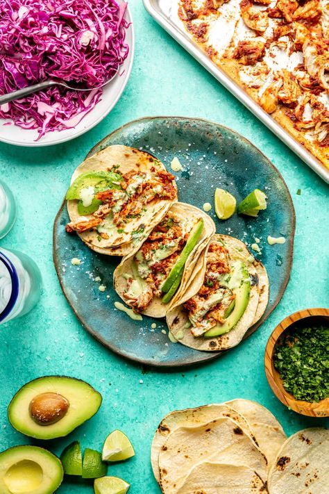 Chicken Tinga Tacos Recipe, Chicken Tinga Tacos, Tinga Tacos, Chicken Tinga, Creamy Avocado Dressing, Fed And Fit, Reheat Chicken, Traditional Mexican Dishes, Lime Sauce