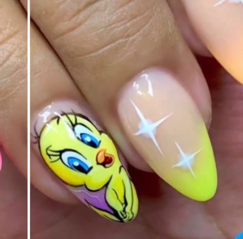 Tweety Nails, Tweety Bird Nails, Looney Tunes Nail Designs, Tweety Nails Design, Tweety Bird Nail Art, Tweety Nail Art, Tweety Bird Nail Design, Acrylic Nail Cartoon Designs, Goofy Movie Nail Art