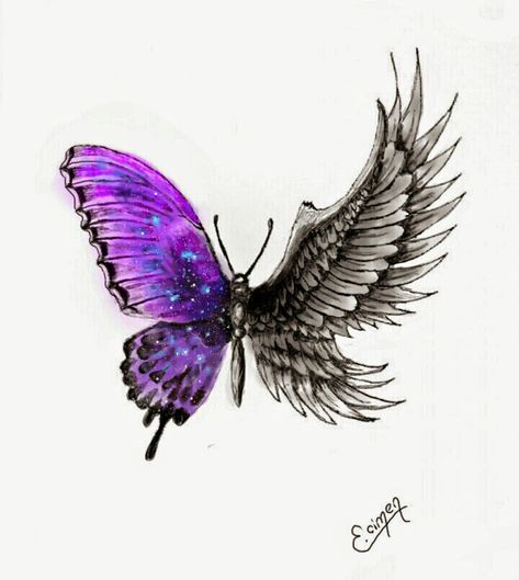 Butterfly with Two Different Wings Wrap Around Wing Tattoo, Half Angle Wing Half Butterfly, Butterfly With Feather Wings Tattoo, Butterfly Tattoos With Names In The Wings, Angel Butterfly Tattoo Wings, Pheonix Butterfly Tattoo, Warrior Butterfly Tattoo, Angel Wings And Butterfly Tattoo, Butterfly Tattoo With Words In Wings