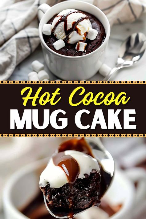 This hot cocoa mug cake recipe combines the ease of a mug cake with the comforting flavors of hot chocolate. And it's ready in just six minutes! Mug Cake With Hot Chocolate Powder, Gluten Free Chocolate Mug Cake, Marshmallow Mug Cake, College Desserts, Hot Cocoa Mug Cake, Cocoa Mug Cake, Cup Meals, Simple Mug Cake Recipe, Microwave Treats