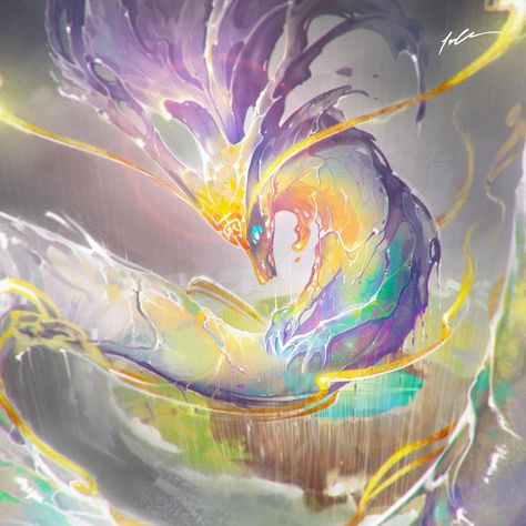 Jenner on Instagram: “⛈A storm dragon variant of my rainbow dragon 🐉 - a different take on my @characterdesignchallenge June for #elementalguardian , this one is…” Storm Dragon Art, Rainbow Dragons, Pokemon Song, River Dragon, Wind Dragon, Storm Dragon, Fictional Creatures, Rainbow Dragon, Rainbow Serpent