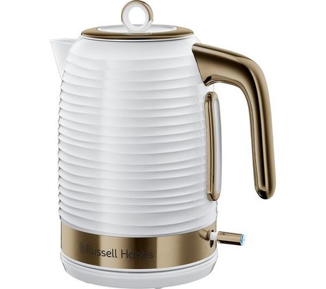 23835014001 - RUSSELL HOBBS Inspire Luxe Jug Kettle - White & Brass - Currys PC World Business White Brass Kitchen, Gold Kettle, White Toaster, White Kettle, Kitchen 2020, Russell Hobbs, Brass Kitchen, White Brass, Kitchen Worktop