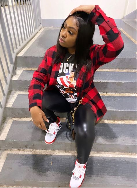 Flat Sneakers Outfit, Black And White Jordans Outfit, Red And Black Plaid Shirt Outfit, Jordan 12 Outfit Women, Black Plaid Shirt Outfit, Black Nike Outfit, Red And White Jordans, Jordan Outfits Womens, Black Plaid Shirt