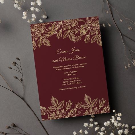 An elegant faux gold and marsala red floral modern Wedding invitation.This stylish gold floral wedding invitation is perfect for any classy and sophisticated chic girl. This design is perfect for the trendy and stylish party event. Customize this design with your own message and personalized information. All designs are printed. Red Gold Wedding Invitations, Elegant Wedding Invitations Classy, Red Floral Wedding, Red Gold Wedding, Red Wedding Invitations, Zoo Wedding, Modern Wedding Invitation, Floral Wedding Invitation, Gold Invitations