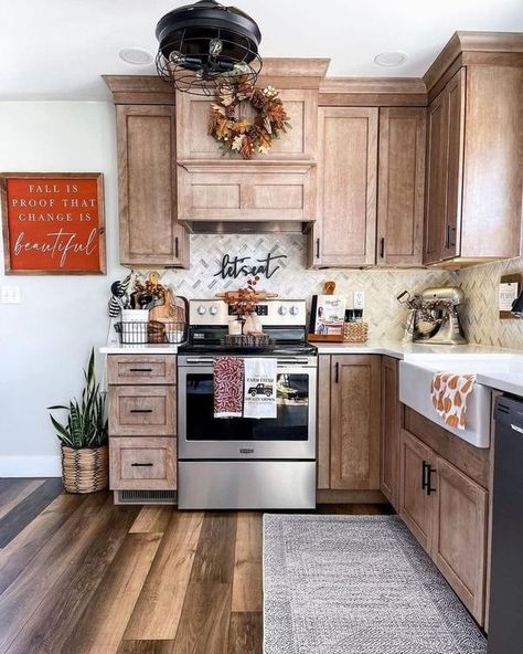 Nicole Gates Kitchen Farmhouse Flooring, Grey Walls With Wood Cabinets, Herringbone Backsplash Kitchen, White Herringbone Backsplash, White Baseboards, Grey Grout, White Kitchen Island, Herringbone Backsplash, Cabinet Color