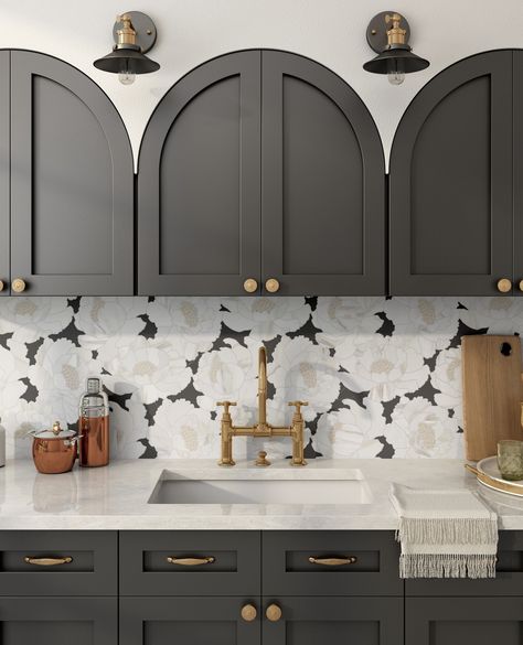 Introducing the newest additions to our Majesty Collection - Ichaak and Colette!⁠ ⁠ Ichaak:⁠ Infuse your space with captivating energy by incorporating the latest addition to our exclusive Majesty line - the striking Ichaak waterjet design. Crafted from Calacatta Gold marble, its neutral tones harmonize with a distinctive geometric pattern, elevating any surface in a fun and sophisticated way. ⁠ ⁠ Colette:⁠ Colette, the newest addition to the Majesty Collection, showcases a stunning and intri... Waterjet Designs, Marble Waterjet, Waterjet Mosaic Tile, White Marble Mosaic, Tile Accent Wall, Flower Black And White, Mosaic Tile Sheets, Floral Tile, Calacatta Gold Marble