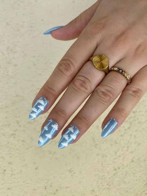 Nails with a cloud design on blue chrome Homemade Nails, Cloud Nails, Blue Chrome Nails, Blue Chrome, Cloud Design, Clouds Design, Chrome Nails, Nail Inspo, Hair Makeup