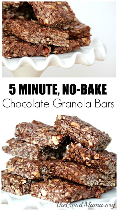 5 Minute No Bake Chocolate Granola Bars Recipe- SO much healthier than the store bought version Homemade Chocolate Granola Bars, Nature Valley Granola Bars Recipe, Chocolate Granola Bars Recipe, Chocolate Granola Bar Recipe, Granola Bars Recipe, Chocolate Granola Bars, Healthy Snack Bars, No Bake Granola Bars, Healthy Granola Bars