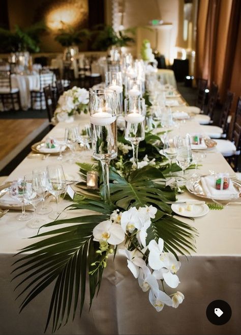 Bali Wedding Table Settings, Tropical Floating Candle Centerpiece, Palms Wedding Decor, Miami Themed Wedding, Wedding Table Decorations Tropical, Wedding Table Tropical, Wedding Ideas Tropical, Wedding Table Decor Candles, Tropical Wedding Table Decor