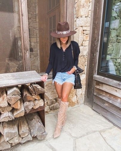 Tan Cowboy Boots Outfit, Tan Cowboy Boots, Knee High Suede Boots, Black Henley, Tan Boots, Suede Boots Knee High, Snakeskin Print, Distressed Shorts, Denim Short