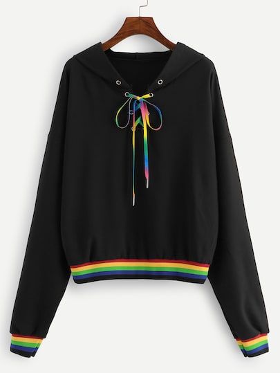 Lace Up Rainbow Trim Hooded Sweatshirt -SheIn(Sheinside) Womens Crop Tops, Rainbow Patchwork, Rainbow Hoodie, Sweat Women, Rainbow Outfit, Rainbow Fashion, Pride Outfit, Pullover Hoodies, Loose Blouse