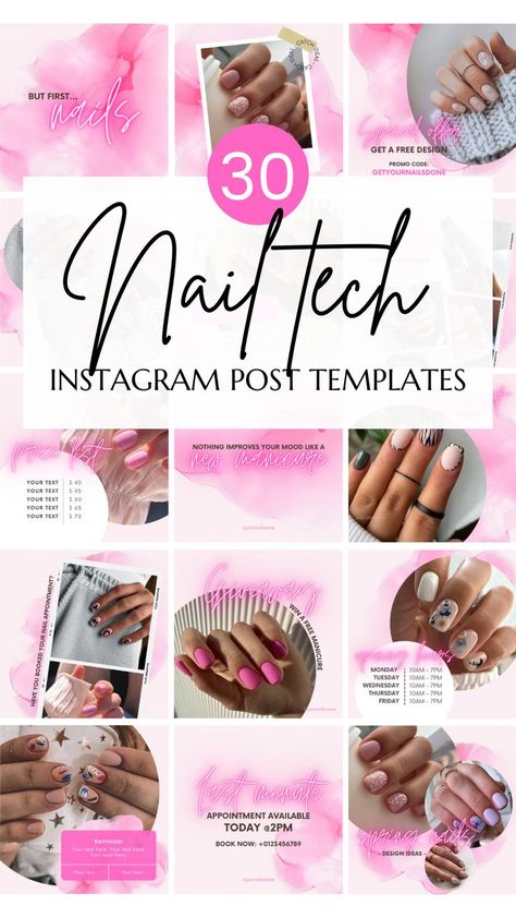 ByAKDesigns Canva templates are a great way to make your nail business stand out! Insert your images + add necessary information about your services and start building your perfect Instagram profile to attract new clients and followers!

What's included?
- 30 Instagram Post templates in 1080px x 1080px (fully editable on Canva, photos are not included). Poste Instagram, Instagram Name Ideas, Nail Tech Instagram, Tech Instagram Post, Nail Instagram, Lash Quotes, Beauty Branding, Water Color Nails, Nail Business