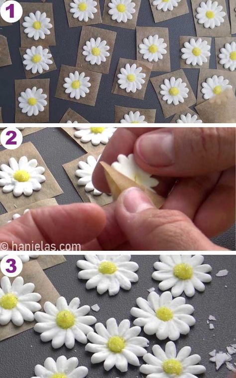 Chocolate Daisy Flower, Diy Icing Flowers, Daisy Royal Icing Transfers, Royal Icing Drop Flowers, Royal Icing Molds, Edible Daisy Flowers, Royal Icing Daisies, Easy Royal Icing Flowers, Stiff Royal Icing Recipe For Flowers