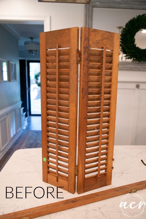 Old Door Hanging On Wall, Mini Shutter Decor Ideas, Using Shutters As Wall Decor, Small Shutters Repurposed, Small Shutter Ideas, Decorative Shutters Wall Decor, Old Shutter Ideas, Old Shutters Repurposed, Shutter Display