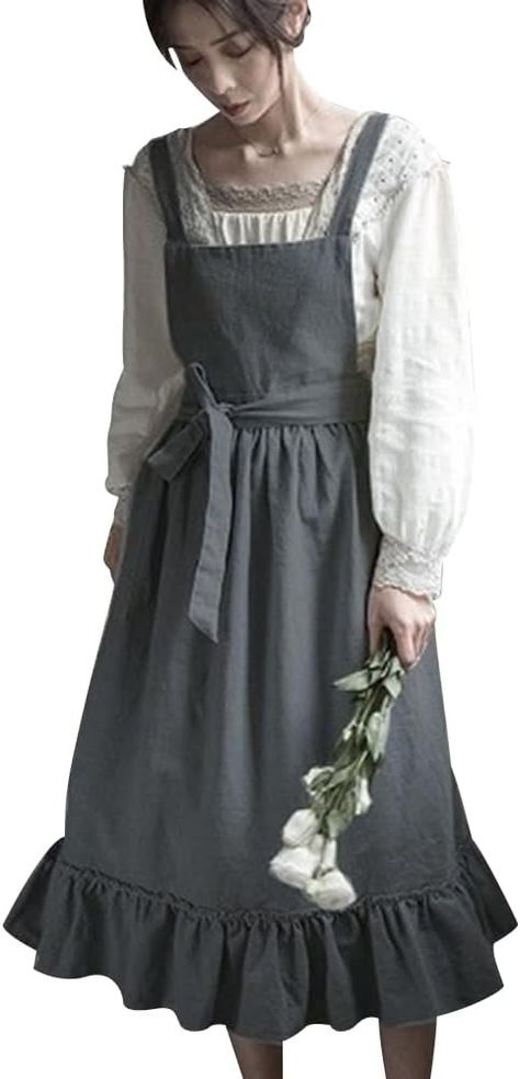 Amazon.com: ODIZLI Apron Cute Dress for Women Frill Cross Back Cotton Linen Japanese Apron With Pockets Maid Pinafore Apron Housewife Garden Cooking Baking Pottery Pinafore Apron Gray One Size: Clothing, Shoes & Jewelry Cottage Girl, Linen Pinafore Dress, Linen Pinafore Apron, Linen Apron Dress, Vintage Style Aprons, Retro Cottage, Cottage Dress, Ruffle Apron, Linen Pinafore