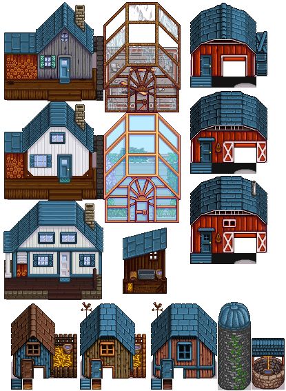 Recolored Buildings - Smaller Silos - Alt Brick House - Rainbow colors at Stardew Valley Nexus - Mods and community Stardew Farms, Outside House Colors, Painted Shed, Stardew Valley Layout, Stardew Valley Tips, Stardew Valley Farms, Pixel Art Landscape, Farm Layout, Building Painting