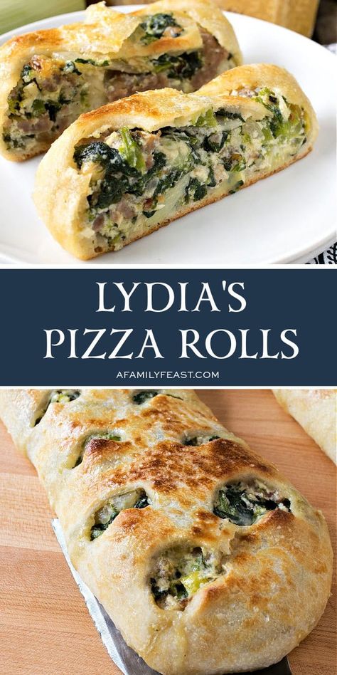 Lidia’s Pizza Rolls have pizza dough rolled and stuffed with Italian sausage, vegetables, creamy ricotta, and Parmesan cheese. Great for game day! Lidias Italy Recipes, Lidia's Recipes, Italy Recipes, Stromboli Recipe, Pizza Roll, Lidia Bastianich, Spinach Pie, Pizza Recipes Homemade, Family Feast