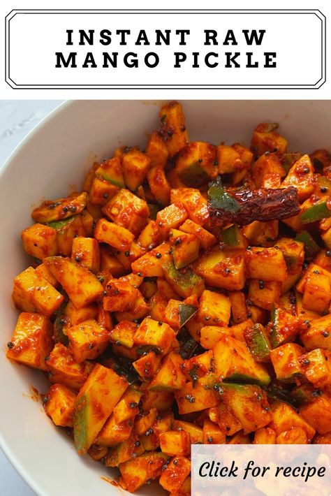 Easy and delicious raw mango pickle in under 15 minutes. Raw Mango Pickle, Indian Pickle Recipe, Mango Pickle, Pickle Recipe, Raw Mango, No Cooking, Red Chili Powder, Fenugreek Seeds, Pickling Recipes