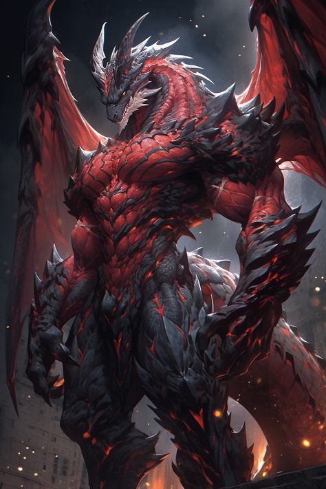 Black And Red Dragon Art, Drake Fantasy Art, Dnd Monster Concept Art, Bipedal Dragon, Dragonoid Human Male, Dragonborn Character Design, Demonic Dragon, Armored Dragon, Dark Fantasy World