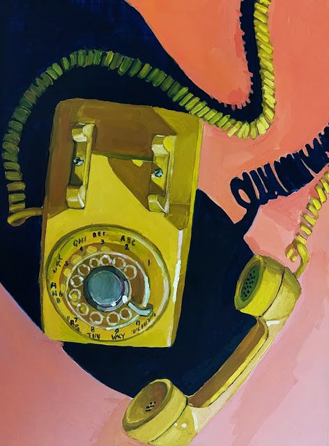 Yellow Phone Hanging In There, New Mommy, Art Folder, Painting Art Lesson, Vintage Comics, Wood Panel, Still Life Painting, Daily Art, Make Art